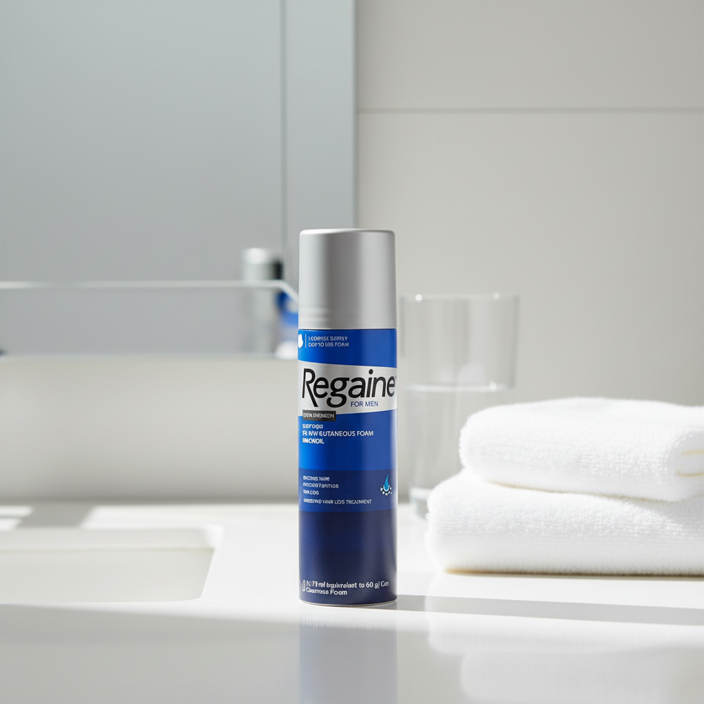 Regaine Extra Strength Scalp Foam in clean professional bathroom setting