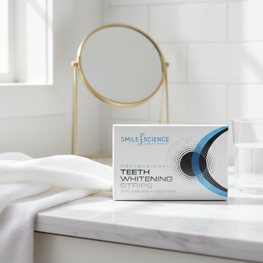 Smile Science Professional Teeth Whitening Strips in bright bathroom setting