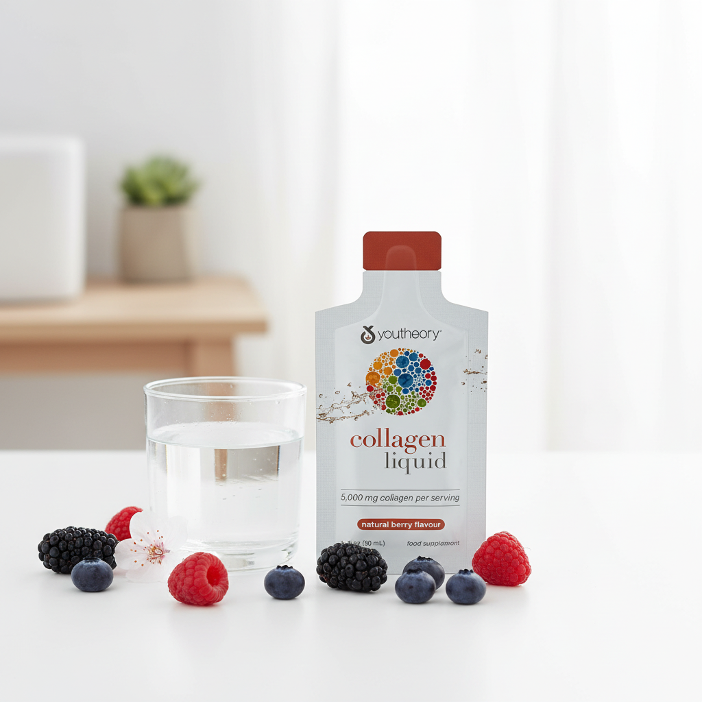 YouTheory Collagen Liquid in bright beauty-wellness setting